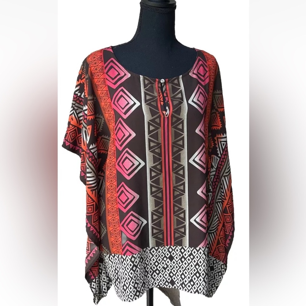 VINCE CAMUTO Tunic Top‎ Medium Multicolor Geometric Kimono Sleeve Popover NWOT